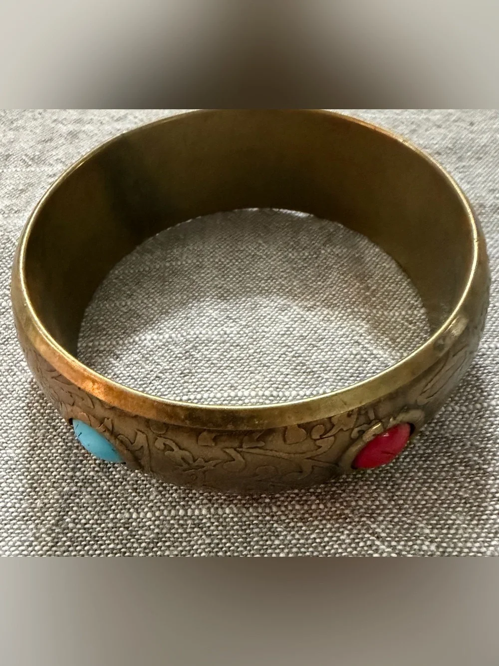 Vintage Brass Accent Bangle with Turquoise Inlay - Gold Finish